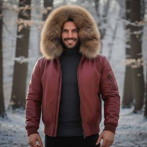 Blouson aviateur en cuir décontracté à motif écossais pour homme avec capuche en fourrure de renard, style moto - Product Image 3