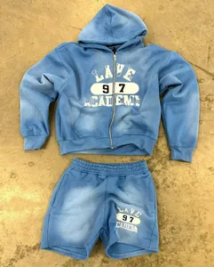 High Street Summer Custom Cotton Zip-Up Acid Wash Transpirable Quick-Dry Hoodie & Shorts Set para hombres en venta al por mayor - Product Image 4