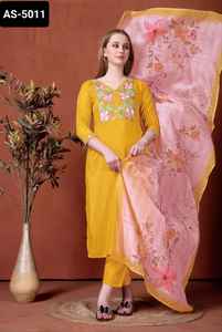 Traje indio de rayón pesado flameado con bordado de secuencia, traje Salwar Kameez con conjunto Dupatta estampado Chanderi para mujer, vestido - Product Image 4