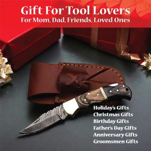 Couteau de poche Damas personnalisé en gros avec étui en cuir pour le camping en plein air et la randonnée, survie, haute durabilité 58HRC - Product Image 2