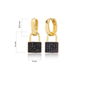 Pendientes colgantes de aro de 12mm con diseño de candado de circón negro, venta al por mayor, joyería fina hecha a mano de Plata de Ley 925 turca para mujer - Product Image 2