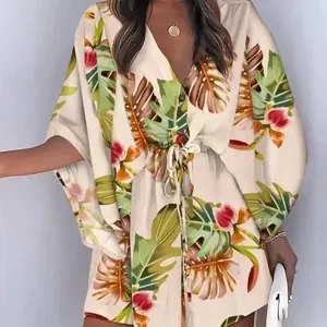 New Arrival Original Loose Floral Printed Tied Buttoned Mini Shirt Dress Women Half Sleeve V Neck Mini Dress For Women