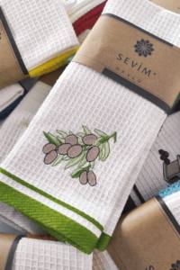 Green Olive Embroidery Kitchen <b>Towel</b> Set of 2 (40*60cm) Double Sided Terry And Pique Mix Soft And Absorbent 420GSM - Product Image 2