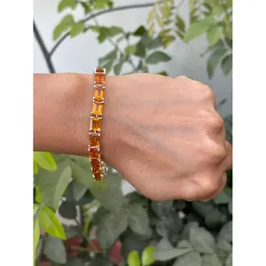 Pulsera de tenis de plata 925 con citrino de corte esmeralda, accesorio de moda - Product Image 1