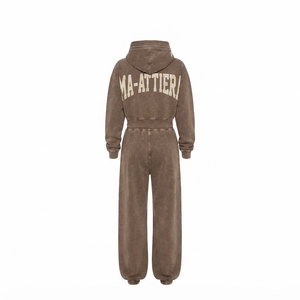 Conjunto de Sudadera Corta con Capucha y Pantalones Anchos de Felpa de Algodón con Lavado Ácido para Mujer, Estilo Urbano, Venta al por Mayor OEM - Product Image 4