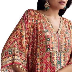 Ensemble Palazzo caftan imprimé rouge cramoisi, vente en gros de vêtements ethniques pour femmes, conception personnalisée d'usine de vêtements, fournisseur en gros, mode OEM - Product Image 2