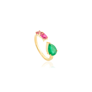Customized Natural Birthstone Jewelry Handmade Real Emerald &amp; <strong>Ruby</strong> Three <strong>Stone</strong> Open <strong>Ring</strong> For Women Solid K14 Yellow Gold - Product Image 3