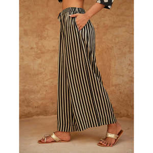 High Waisted Striped Wide Leg <b>Pants</b> with Elastic Waist Pockets Loose Ankle Length Satin Breathable Summer Casual Women's - Product Image 1