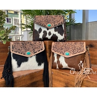 Meilleure vente sac à bandoulière en cuir de vachette à franges usiné à la main pour femme Western Hair On & véritable cuir Turquoise Stone Purse