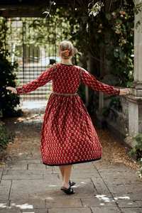 Robe midi bohème Elisa en coton imprimé à la main, décontractée, occasionnelle, florale, rouge et blanche - Product Image 6