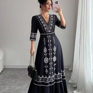 Increíblemente suave 100% algodón Lino Maxi vestido para mujer bordado señora vestido con cintura Natural Casual tejido lavable vestido - Product Image 1