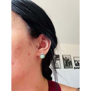 Sonoran Mountain Turquoise & Sterling <b>Silver</b> Post Earrings Navajo Made Geometric <b>Stud</b> Design with Bezel Setting - Product Image 2