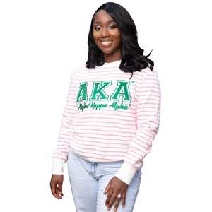2025 Greek Women's Pink Stripe <b>Sweatshirt</b> Sorority Long Sleeve Pullover with Green XAKA Letters, Casual Cotton Blend Greek Wear - Product Image 1