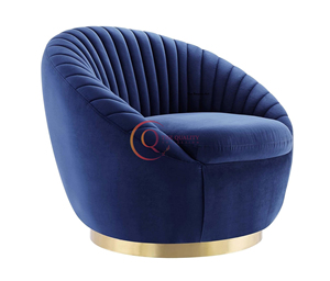 Opulent Serenity La lujosa silla de sofá de terciopelo azul con respaldo único y mechones verticales con base redonda dorada. - Product Image 4