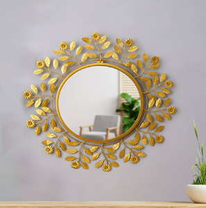 Miroir mural en métal floral artistique-Design de fleurs et de feuilles dorées pour un décor de salon élégant d'Inde - Product Image 6