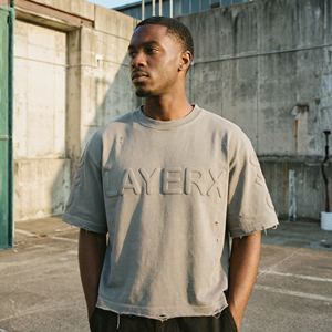 <b>Men</b> High GSM 100% Cotton Boxy Fit <b>Crop</b> <b>Top</b> T-Shirt Custom 3D Embossed Logo Raw Hem Distressed Streetwear Eco-Friendly Breathable - Product Image 2