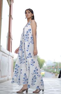 Vestido Maxi blanco con estampado floral para el hombro y la pantorrilla Jaipur, vestido hecho a mano para exportación, ropa de resort para mujer, traje de vacaciones de verano - Product Image 4