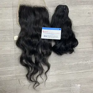 Best seller Combo Weft bundles Closure 5x5 Natural wavy double sewing machine weft Short length Vietnamese hair
