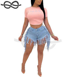 Jean Shorts Femmes Juniors Été Taille Haute Extensible Effiloché Ourlet Brut Glands Denim Shorts Tendance Coupe Confortable - Product Image 2