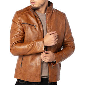 Veste en cuir pour moto à col montant pour homme, légère, en simili cuir, fermeture éclair, marron, décontractée, unisexe, veste personnalisée authentique - Product Image 1