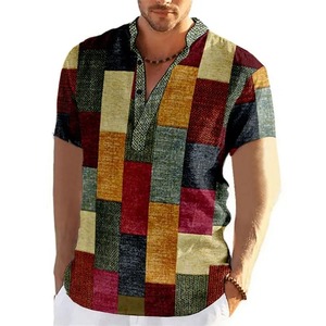 New 100% Cotton Vintage Patchwork Color Block 3D Print <b>Henley</b> <b>Shirts</b> <b>Men's</b> Fashion Stand Collar Short Sleeve T <b>Shirt</b> Male - Product Image 2
