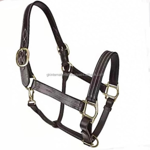 Licol de cheval en cuir marron élégant à triple couture de conception traditionnelle avec matériel réglable en laiton plaqué robuste - Product Image 1