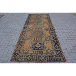 Vintage 4ft 4in X 11ft tapis turc Orange et bleu plat tissage laine tapis avec support en Latex pour décorations de salon - Product Image 1