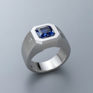 แหวนหมั้นของผู้ชายสีฟ้าทองคำขาวไพลินดีไซน์เรขาคณิตทันสมัยเครื่องประดับชั้นดี - Product Image 2