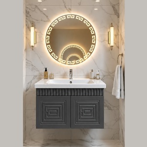 Conjunto de Muebles de Baño Modernos para Apartamento, Montados en la Pared, Gabinete de MDF Acolchado Color Antracita, Lavabo de Cerámica, Espejo LED Táctil de 100 cm - Product Image 3
