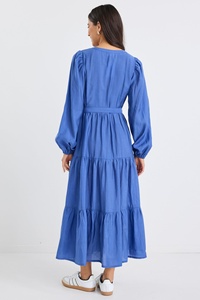 2025 azul de manga larga con cuello en V para mujer Maxi vestido bohemio 100% tela de rayón hasta el tobillo Casual Maxi vestido para mujer - Product Image 2
