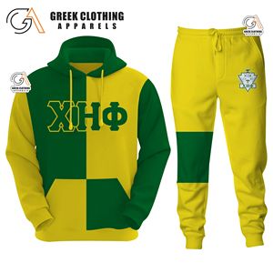 Ensemble survêtement en molleton et jogging pour femmes Chi Eta Phi vert et jaune, 1932, deux pièces, vêtements grecs brodés - Product Image 1