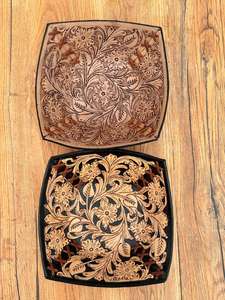 Western Hand Tooled Leather <b>Tray</b> Full Grain Cowhide Leather Bowls High Quality Luxurious Bowls Handcrafted Decorative Homeware - Product Image 3