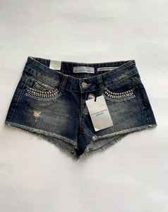 Micro pantalones cortos Y2K Silvian Heach | Denim desgastado con diamantes de imitación | Club Girl Summer Look | MS Handicraft Algodón moderno personalizado - Product Image 1