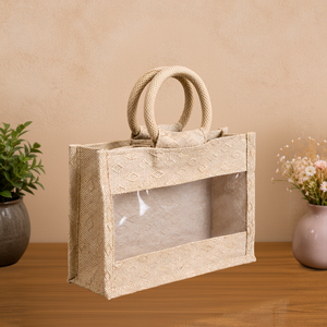 Bolsa de regalo de algodón Juco Double Diamond con ventana transparente de 10 x 8 x 4 pulgadas, cremallera natural, asas redondas, embalaje reutilizable para cestas. - Product Image 6