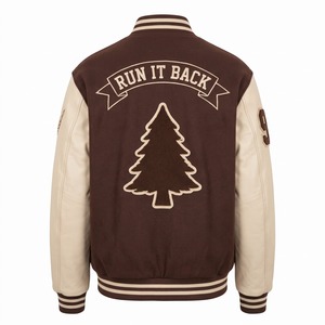 Blouson en chenille personnalisé à épaules tombantes, marron chocolat, avec patch sapin en chenille crème et manches en cuir, style Letterman personnalisé - Product Image 2