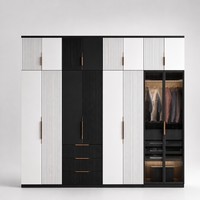 Armoire moderne noire et blanche avec portes à panneaux plats, poignées métalliques, 4 tiroirs, armoire de chambre à coucher gain de place