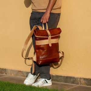 Handmade Crazy Horse Leather Roll Top <b>Backpack</b> Vintage <b>Laptop</b> Rucksack Men <b>Women</b> Retro Travel School Satchel LRTB-0047 - Product Image 3