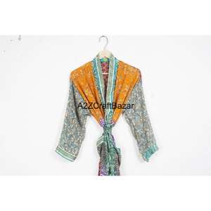 Indian Vintage Patchwork Silk V-neck <b>Robe</b>-Elegant Summer Beach Wear <b>Bridal</b>/Maternity Style Full Length Long Sleeves Quick Dry - Product Image 2