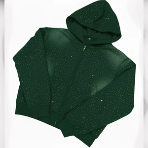Sweat à capuche zippé rouge délavé personnalisé de qualité supérieure, avec strass, pour homme et femme, style streetwear hiver, coupe oversize - Product Image 2