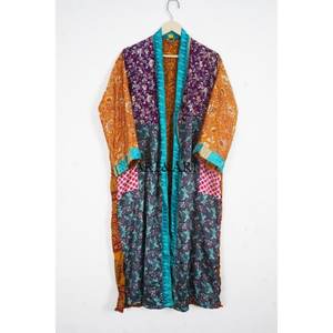 Silk Handmade Elegant Long Kimono Jacket Dressing Gown Soft Sleepwear Set Patchwork Design for Women - Product Image 4