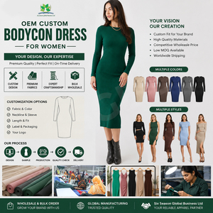 Vestido de punto hasta la rodilla para mujer, venta al por mayor directamente del fabricante de Bangladesh, vestido ajustado de punto acanalado personalizable con manga larga - Product Image 6
