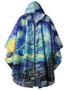 SaphiRose Impermeabile Unisex Ecologico 100% Poliestere con Cappuccio per Adulti e Donne con Tasche, Tema Van Gogh Notte Stellata, Taglia Unica - Product Image 1