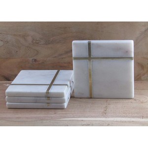 Dessous de verre en bois et en marbre avec incrustation de laiton Offre Spéciale direct d'usine en gros marbre pierre ardoise coeur noir et métal - Product Image 3