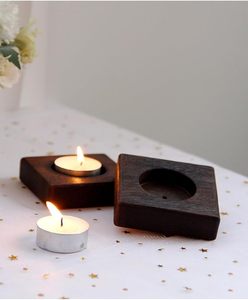Portavelas cuadrado de madera para velas de té, diseño minimalista, decoración de madera oscura para mesa, estante, ambiente hogareño, acogedor y moderno - Product Image 4