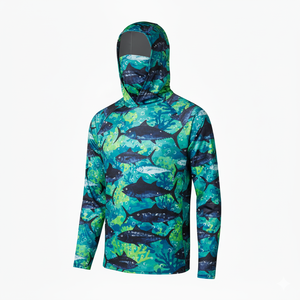 Chemise de pêche à manches longues grise pour homme avec imprimé poisson, protection anti-UV UPF 50, pull à capuche - Product Image 5