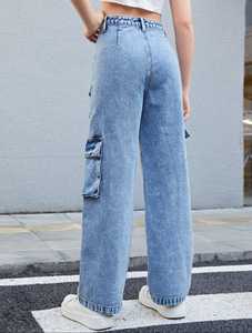 ขายส่งยุโรปเอวสูงผู้หญิงสบายๆตรงขากว้างกางเกงยีนส์กางเกงคาร์โก้กระเป๋าล้างStreetwear Customแฟชั่นกางเกงยีนส์ - Product Image 5