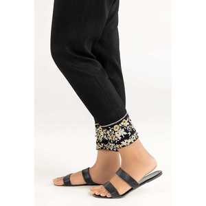 Pantalon en satin de soie brute noir TR-22-125, taille haute, broderie décorative, 100% soie - Product Image 3