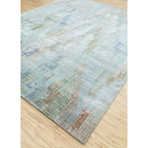 Tapis Kavi bleu noué à la main en laine et soie de bambou Unstring Srb(727) à motif abstrait moderne pour usage domestique - Product Image 2