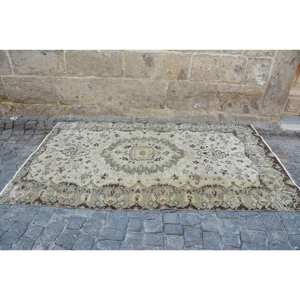 Vintage Turkish Wool Rug Classic Beige Green 5.2 X 8.7ft Large Area Latex Backing for Hallway Bedroom Bedside Patchwork Design - Product Image 4