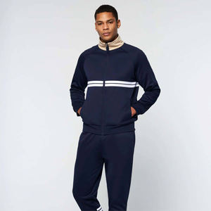 Ensemble de survêtement bleu marine pour homme, sweat-shirt à col rond avec bande blanche et pantalon assorti, polyester, décontracté, athlétique, tenue deux pièces - Product Image 1